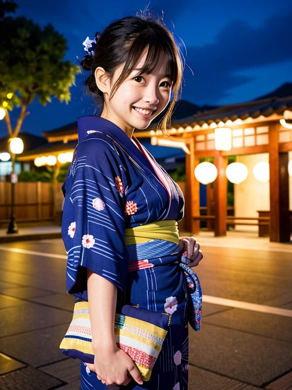 High resolution, highest quality,Hakata yukata、Yukata taken half、Smiling Girl、Embarrassing、Deserted park at night、