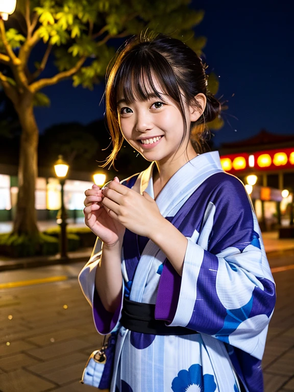 High resolution, highest quality,Hakata yukata、Yukata taken half、Smiling Girl、Embarrassing、Deserted park at night、