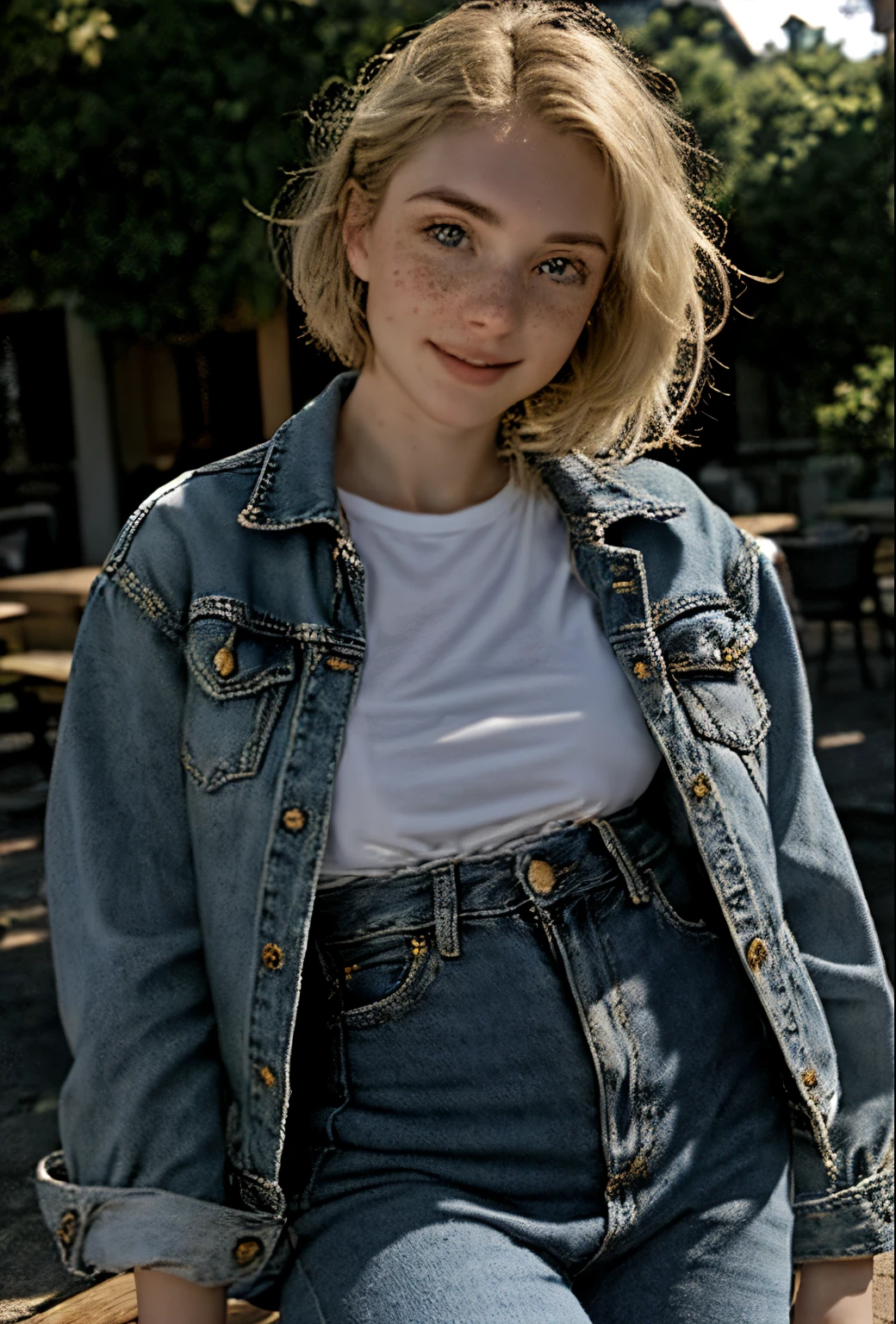 A 21-year-old girl named Kate with short blonde hair, very nice medium breasts, her height is 1.60, white British style, kate is beautiful, angelic face, has light freckles in the nose area, Kate is wearing a light pair of jeans with a denim jacket and a white t-shirt also light colored, Kate is in a beautiful square where he points to the cAeu showing a beautiful sunset at the end of the day