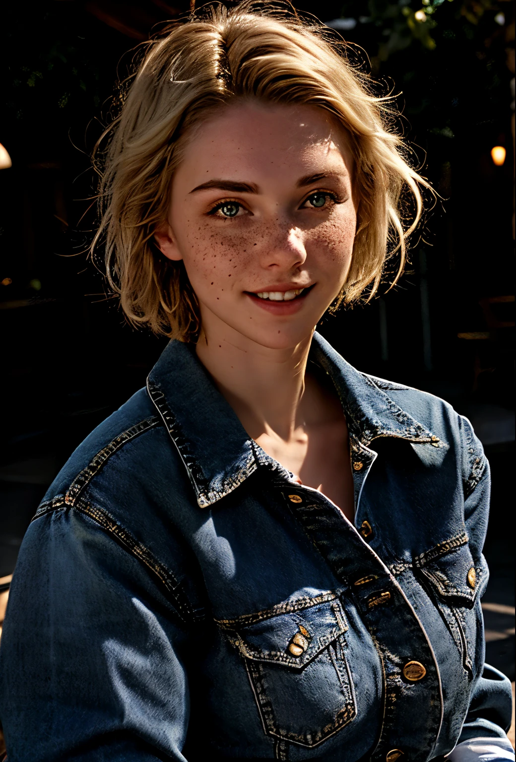 A 21-year-old girl named Kate with short blonde hair, very nice medium breasts, her height is 1.60, white British style, kate is beautiful, angelic face, has light freckles in the nose area, Kate is wearing a light pair of jeans with a denim jacket and a white t-shirt also light colored, Kate is in a beautiful square where he points to the cAeu showing a beautiful sunset at the end of the day