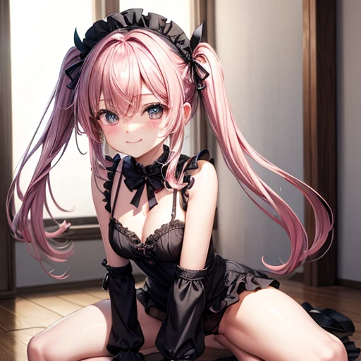 wear gothic loli　Pink Hair　Loli body type　Flat Chest　Crouching　Nihilistic smile