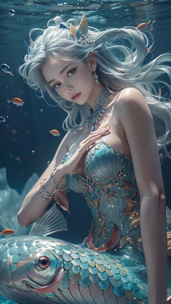 ((RAW shooting, 32k, highest quality, masterpiece, Ultra-high resolution)), (Deep sea at night:1.0, Dramatic moonlight:0.7, Mysterious underwater world:1.3, Expressions of sadness:1.0), Only the upper body is shown, Fractal Art:1.3, Perfect dynamic composition:1.2, Very detailedな肌と顔の質感:1.2, (Beautiful shell and coral decoration, Surrounded by lots of colorful fish, Rich underwater vegetation), The subject is far away, Dynamic flow of water waves:1.2, elegant and sophisticated, (Slim mermaid figure, Shimmering Scales, Mermaid tail), Fair skin, Incredibly slim body:0.8, Very beautiful face, Water droplets on the skin, Very accurate, Very detailed, Gorgeous silver shiny dress portrait, Big eyes that exude beauty, Beautiful big lips,, Unreal atmosphere, necklace, Earrings, bracelet