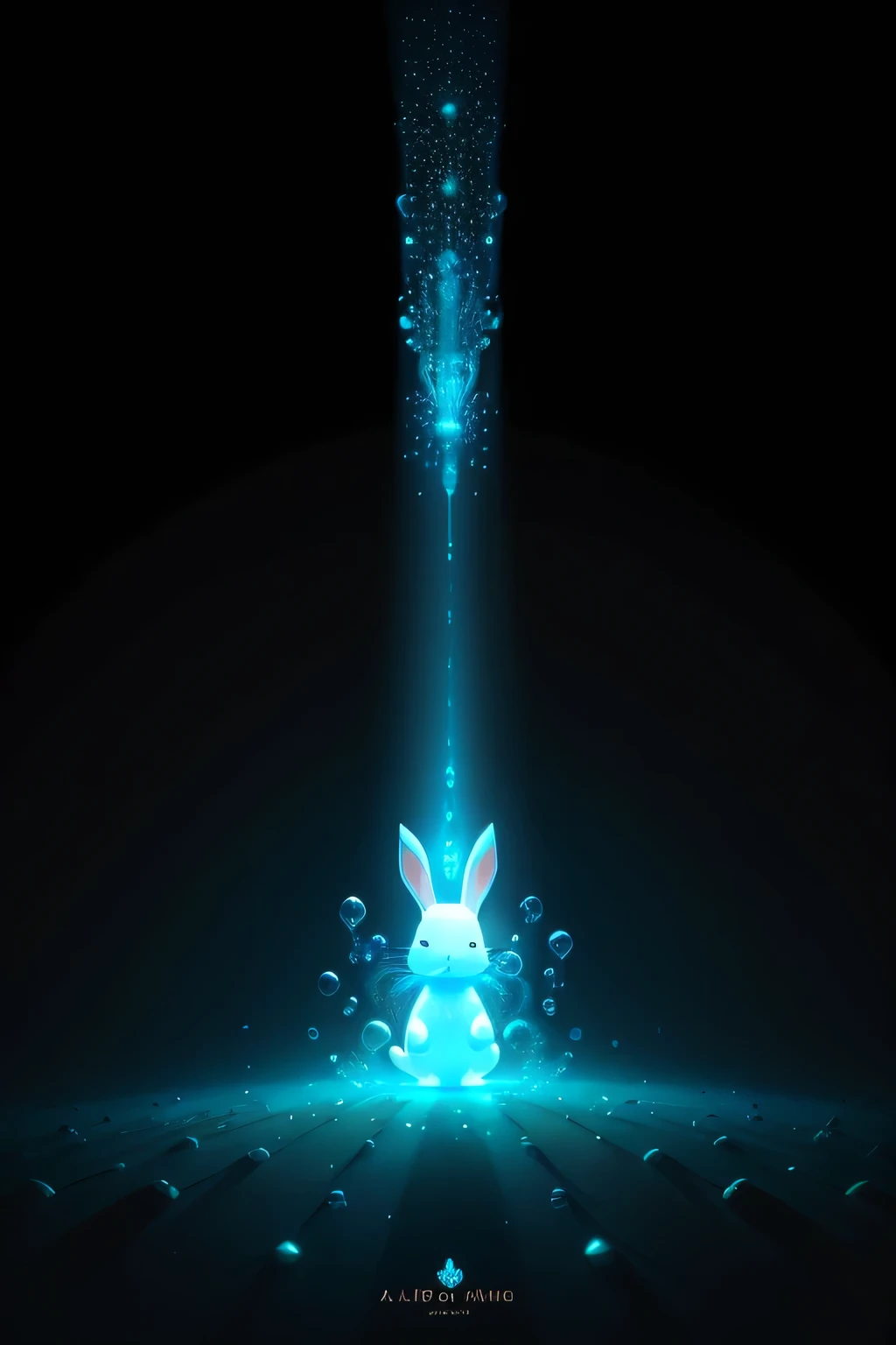 High-Resolution, 16:9 Image: A captivating wide-angle shot of a highly stylized, joyous white bunny donning a specially tailored blue suit and tie, energically hopping towards the celestial expanse in a futuristic carrot garden flooded with levitating, radiant, and sparkling baby-blue bubbles. In the backdrop, flying automobiles glide smoothly against the night sky, while the floating carrot plants emit a kaleidoscope of glittering hues that dance in the whimsical breeze. Surrounding the scene, the walls of buildings come alive with designed lights that emit a medium-toned blue-