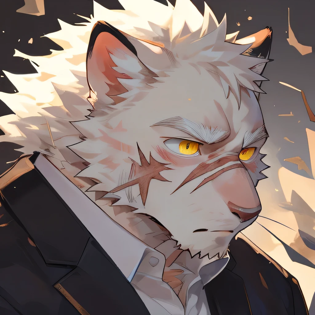 masterpiece，high quality，Perfect anatomical structure，hairy，human cat，White fur，male， Rainbow 5，Yellow pupils，Bright Eyes，exhausted，There are scars on the face，Delicate face，By Qingshan，Close-up face