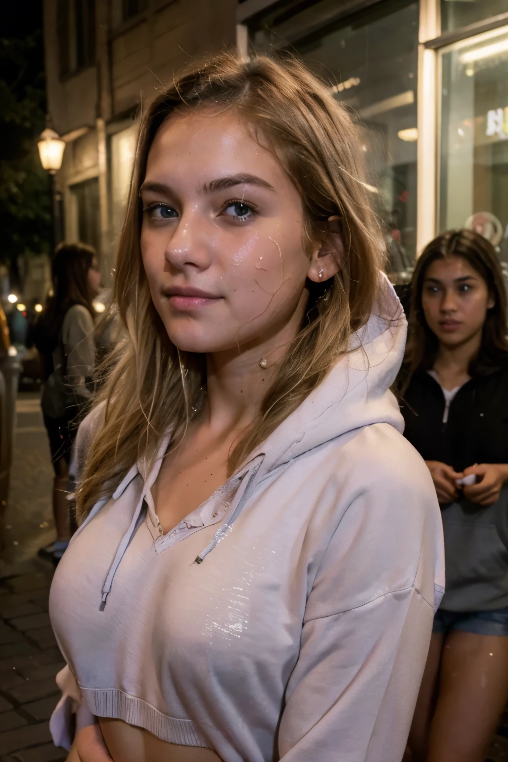 (Masterpiece) Best Quality, photorealistic, Cinematic lighting, crowded street, young girls, group photo,1 girl , cute 18 yo, german,blonde hair, cute face, slight smile, pink hoodie, sweaty skin, drops of thick on her face, white drops on her mouth, realistic skin texture, skin pores, freckles, detailed face, grey-blue eyes, open hoodie, loose top let the viewer see half of their chest, bottomless, naked hairy pussy, very dark hairy pussy, Evening, lantern light