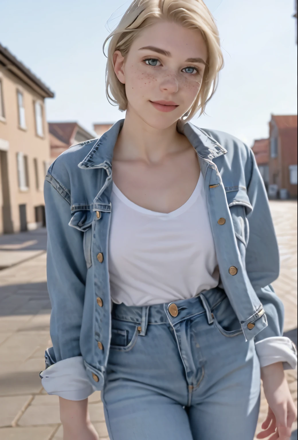 A 21-year-old girl named Kate with short blonde hair, very nice medium breasts, her height is 1.60, white British style, kate is beautiful, angelic face, has light freckles in the nose area, Kate is wearing a light pair of jeans with a denim jacket and a white t-shirt also light colored, Kate is in a beautiful square where he points to the cAeu showing a beautiful sunset at the end of the day