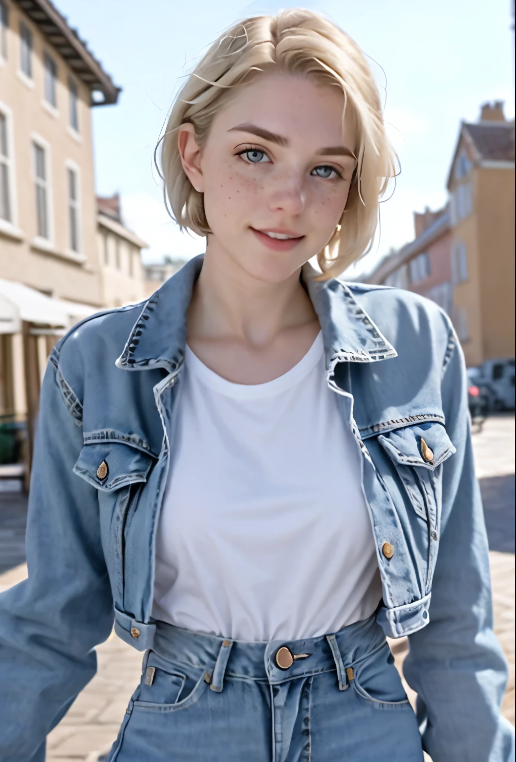 A 21-year-old girl named Kate with short blonde hair, very nice medium breasts, her height is 1.60, white British style, kate is beautiful, angelic face, has light freckles in the nose area, Kate is wearing a light pair of jeans with a denim jacket and a white t-shirt also light colored, Kate is in a beautiful square where he points to the cAeu showing a beautiful sunset at the end of the day