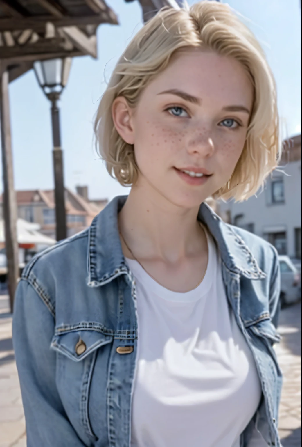 A 21-year-old girl named Kate with short blonde hair, very nice medium breasts, her height is 1.60, white British style, kate is beautiful, angelic face, has light freckles in the nose area, Kate is wearing a light pair of jeans with a denim jacket and a white t-shirt also light colored, Kate is in a beautiful square where he points to the cAeu showing a beautiful sunset at the end of the day
