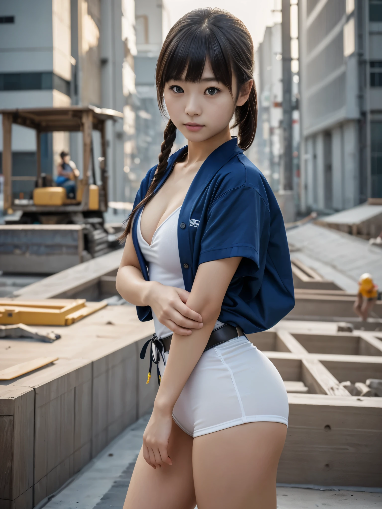 (highest quality,masterpiece:1.3,Ultra-high resolution),(Very detailed,8k), (Realistic:1.4, RAW shooting),((sfw: 1.4)),((detailed face, professional photography)), ((sfw, construction worker outfit, pulled back hair, 1 Girl)), Ultra High Resolution, (Realistic: 1.4), RAW Photo, Best Quality, (Photorealistic Stick), Focus, Soft Light, ((28 years old)), swimware、((Japanese)), (( (young face))), (surface), (depth of field), masterpiece, (realistic), woman, bangs, ((1 girl))、(((Anatomically correct)))、（Perfect Body Proportions)、(Natural Hands、Natural Fingers、Natural Legs)