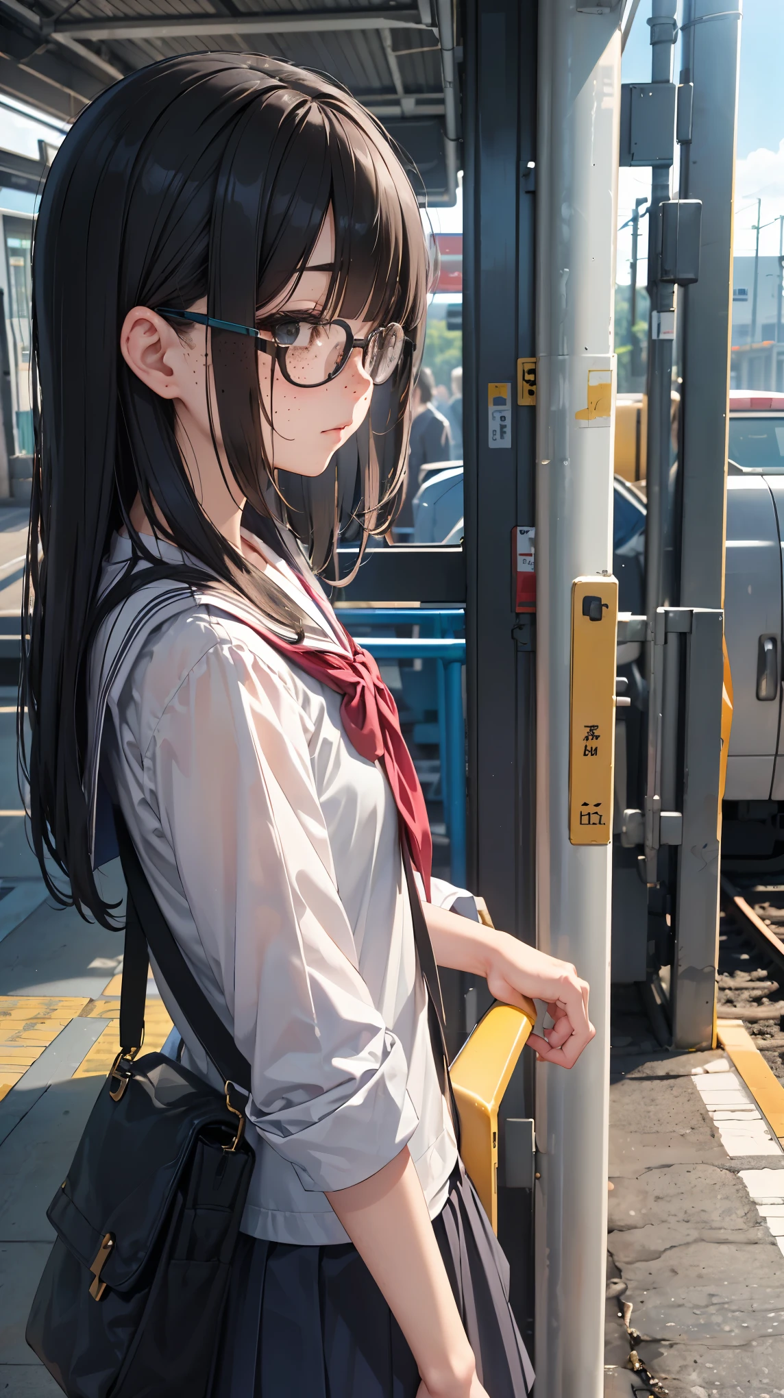 summer、Station platformでWaiting for the train、thick、Sweat、、high school girl、summer服のセーラー服、Student Bags、、Low length、(((((Eyes hidden by long bangs)))))、(((freckles、Long black hair:1.2　hair band)))(((Black-rimmed glasses:1.2　black eye)))、Strong sunlight、thicksummerの昼間、Station platform、Waiting for the train、Look at this、Side view、whole body