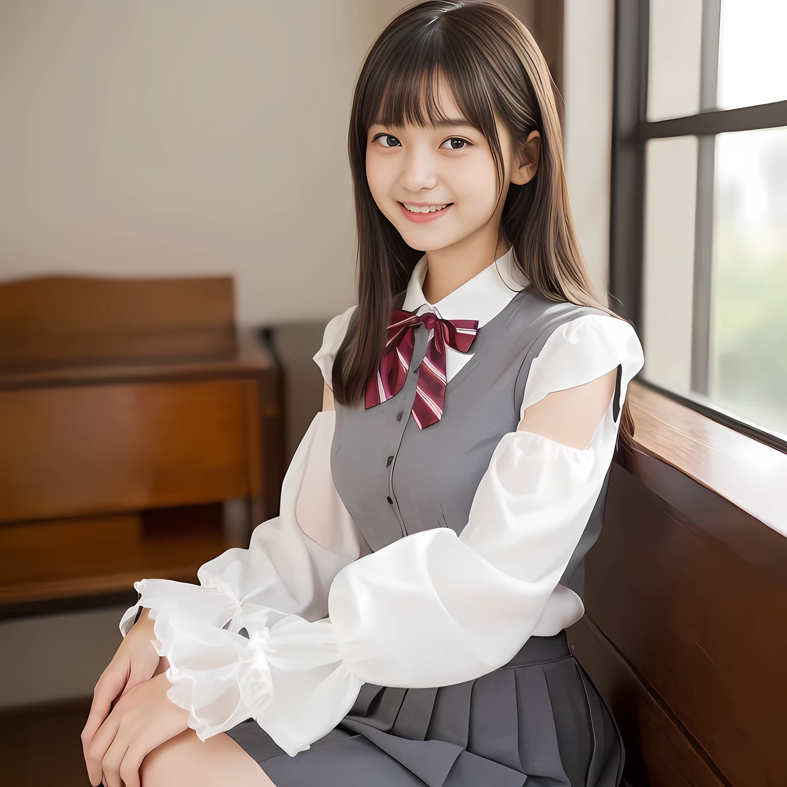 (highest quality, masterpiece:1.2), highest quality, Realistic, photograph, High resolution, 1080p, 8K, Physical Rendering, ((Height: 160cm)), ((((A 14 year old beautiful Japanese idol is seated and looking directly at the viewer)))), (((big very detailed Japanese beautiful dark brown eyes))), ((loving and laughing at me!)), detailed fingers, ((curled blunt bangs)), ((((Very noble and cute eyes, carefully drawn with great attention to detail)))), ((double eyelids)), (((long eyelashes))), ((cute lovely lovely laughing laughing cheeks)), (((Her facial features are very expressive noble smile, very sweet, very intelligent))), ((((deep red ribbon bow tie)))), ((((black very beautiful and super long straight hair)))), ((((gray box-pleated school skirt and grey vest)))), box-pleated skirt, ((((A ivory blouse with puffed sleeves)))), ((Classical orchestra concert hall)), ((complexion lightening)), ((Full body shot)), ((chorus singer)), Japanese girls legs, ((white socks)), ((feminine loafers))