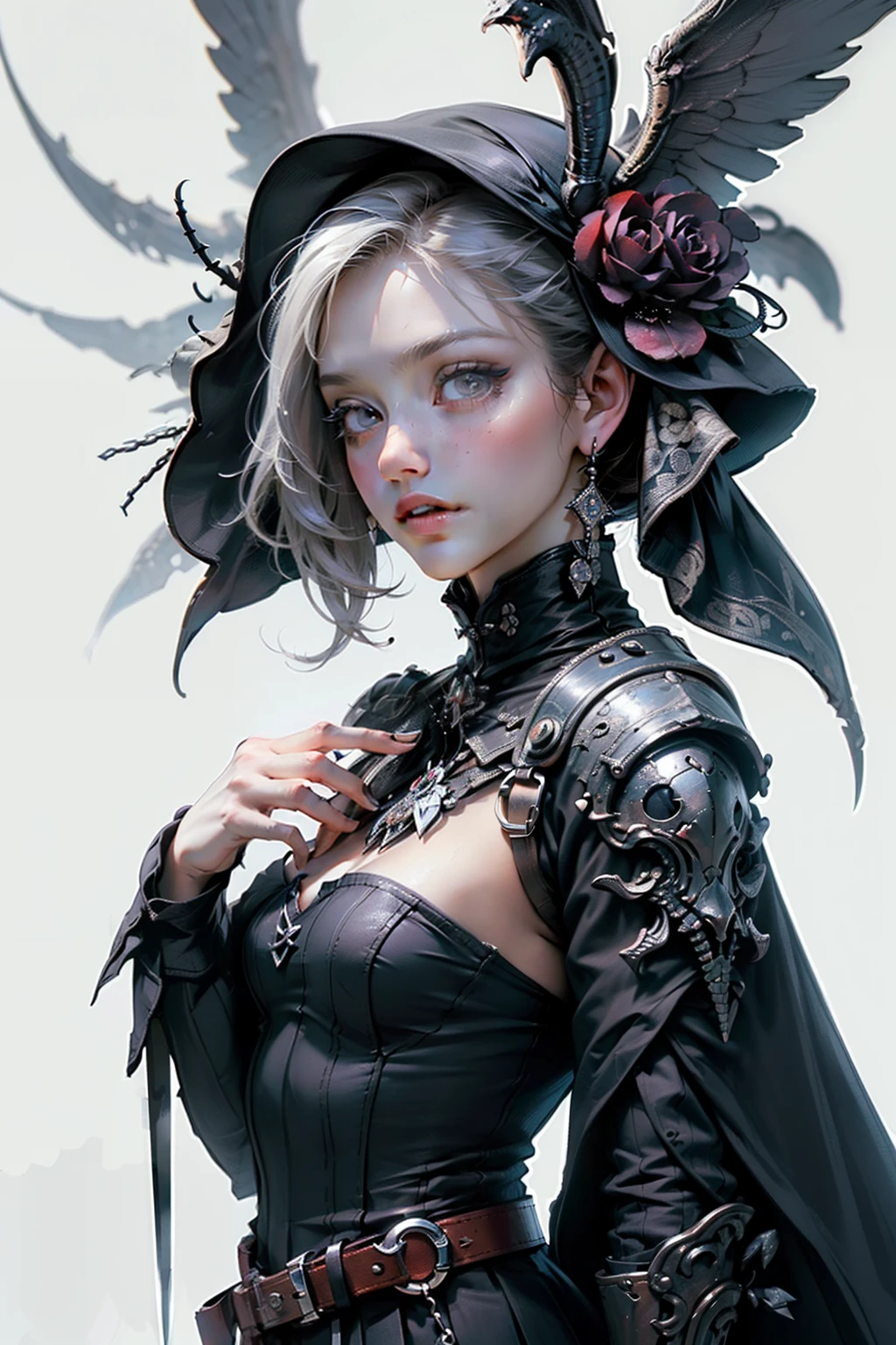 ((best quality)), ((masterpiece)), (detailed), perfect face (((masutepiece, of the highest quality, super detailed))), hand drawn style, hand painted style, watercolour, sketch, a knight, white background, plain background, Bloodborne inspired, tatty Bloodborne attire, occult aesthetic, occult, tatty red and white clothing detailed and intricate steampunk and detailed gothic lolita (with a hood), long coat, Complex laced boots, Fluttering lace flared long knee length dress with frilly petticoats, long dress, knee length dress, pleated petticoats, lolita dress, petticoats gothic lolita, beautiful small breasts, (((( Highly detailed face))), small thin nose, Small thin lips mouth, (((Very sharp focused eyes))), Very large slit precision pale grey eyes that shine like jewels. very long eyelashes, Silver hair swaying in the wind, Emitting a dazzling light in a mandala pattern, white background, Very dramatic and cinematic lighting, tatty damaged old red and white clothing, full body, whole body, body, cosmic horror, grim dark