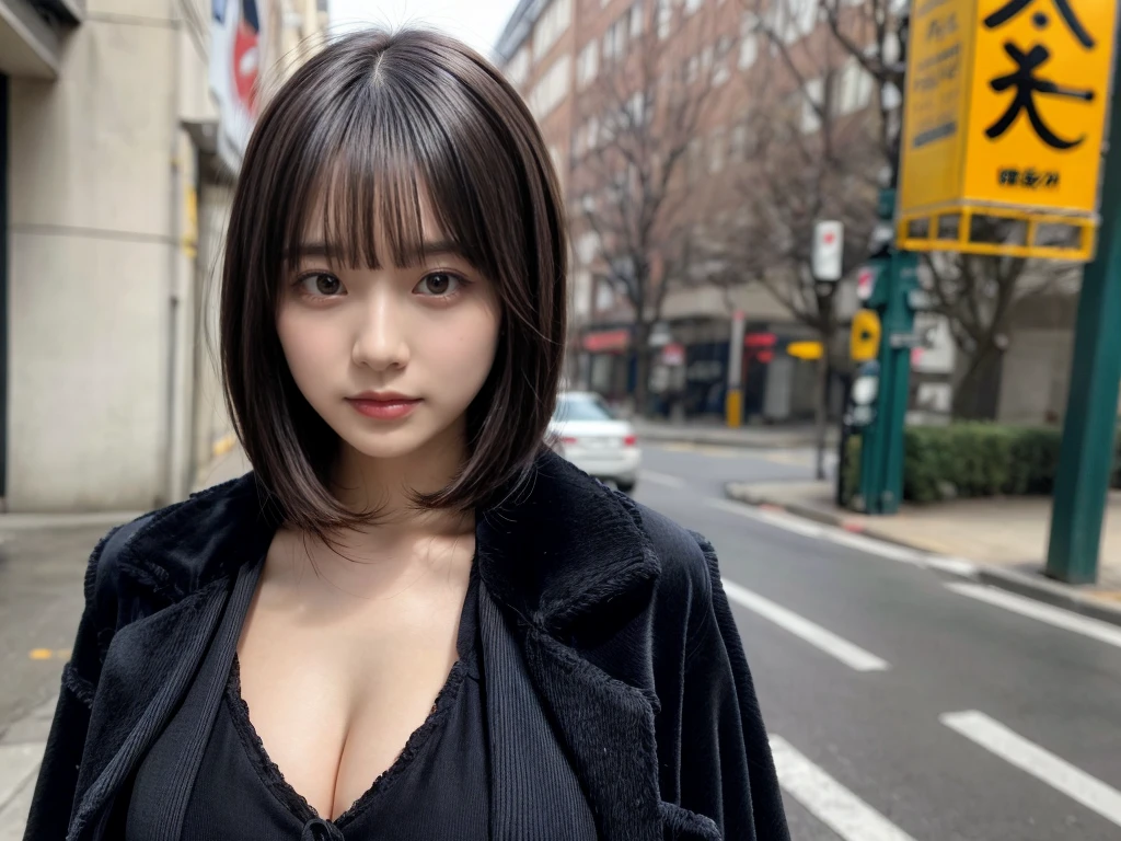 With bangs,Beautiful black hair,Woman with straight medium bob cut,huge breasts,,21-year-old female,(((No hat))),Aspacarina,((Shy expression)),huge breasts,,Very beautiful eyes, ,(((Wearing a tattered black coat))),,(make:1.4),Big eyes,Hip Hop Dancer,Gangster style long pants,8k,High resolution,Gangster style,(head shot:1.5)