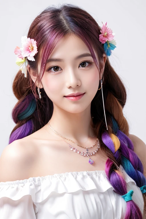 masterpiece, highest quality, High resolution, (White Background: 1.4), [Sparkling], [Looking at the audience, Portraiture, 1 Cute Japan Girl], (Long Hair, Purple Hair, Wave Curl, Multicolored Twisted Big Braid: 1.3, Fluffy fox ears, Air Van), White off-the-shoulder short sleeves, Delicate facial features, Pink Lips, Earrings, necklace