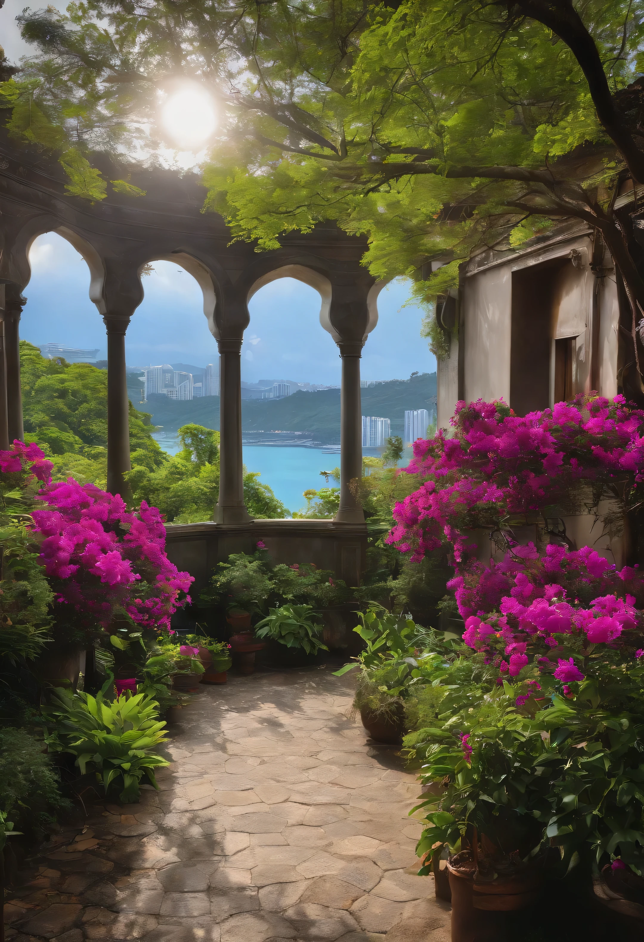 masuter piece、12K、Morning in Singapore、Luz Divina、Beautiful scenery from the window、Impression of a dream、Clear blue sky、Dark green grove、Bougainvillea bright purple、green grass々and the coast、Rembrandt