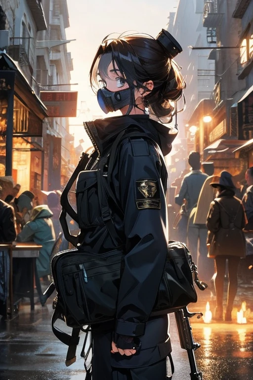 captain_zee, post-apocalypse,Mulher loira, Policial, terno uniforme preto, Pointed cap, gas mask, night glasses, manto de pano,cidade arruinada, dark sky, luz forte, Afiado, forte contraste, ultra detalhado, 8K, 4k, corpo todo,