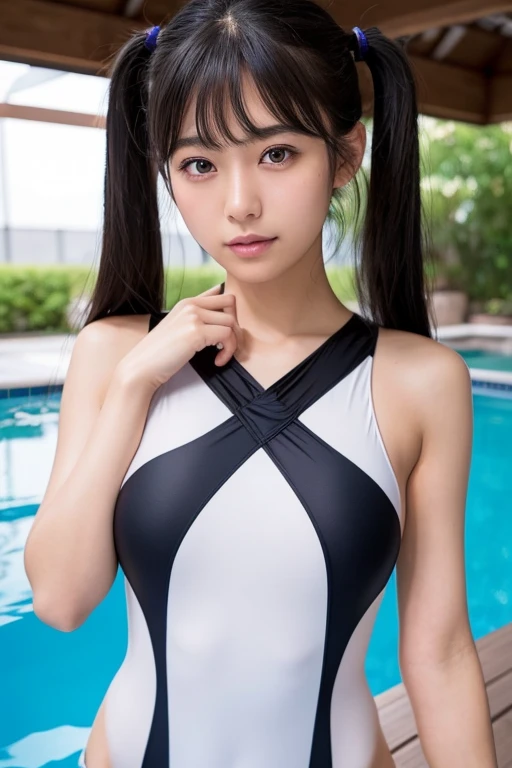 Japanese women、Black Hair、Twin tails、One-piece Swimsuit、School Swimsuit、Blue swimsuit、see through、full body、内股座りJapanese women、Attractive body、Tear bags、20-year-old、Large breasts、Pool、pool、double eyelid、Cute Girls、kasumi arimura、Attractive body、One girl,{{{{{{{{{{Great quality}}}}}}}}}}, so beautiful, High resolution, Incredibly absurd, Shiny skin