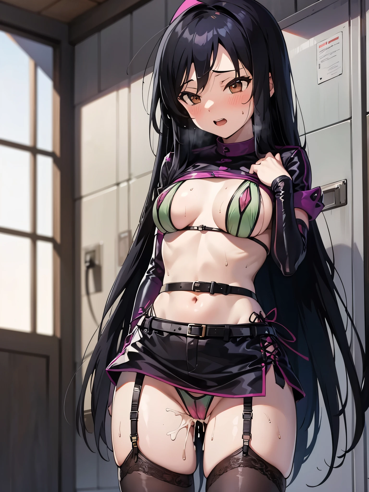 NSFW,One girl,Trick or Treat Cosplay、露出度の高いClothes、Shrug(Clothes)、Short sleeve、Layered Bikini、Purple Bikini、Green Bikini、belt、Nurse cap、mini skirt、Green gloves、Thigh-high socks、Garter Straps,Small breasts,(Perfect hands),(Perfect Anatomy),(masterpiece),(highest quality),Embarrassed,blush,locker room,Leg spread,(Ecstasy face:1.5),(orgasm:1.5),One man,Having sex,(Sweat:1.5)