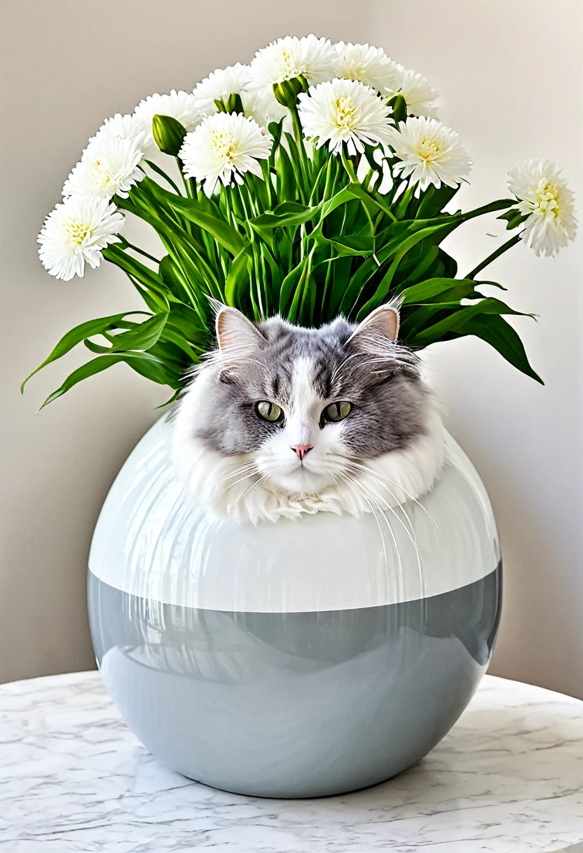 Fluffy gray and white cat curled up in a round flower vase