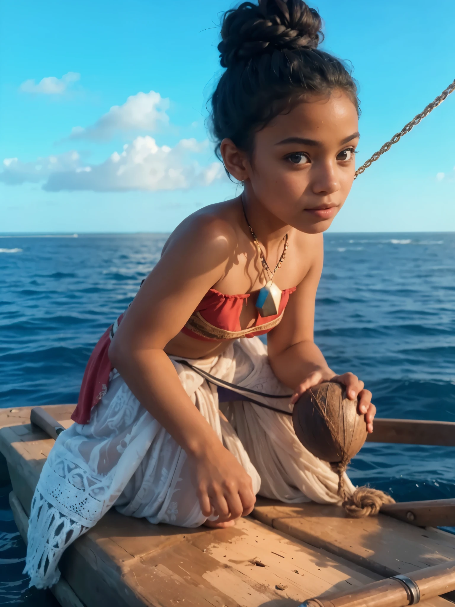Portrait of a girl, wearing a diamond necklace, curly hair, messy hair, holding a coconut shell, sea background, (highly detailed face:1.4) (smile:0.7) (background inside dark, moody, private study:1.3) POV, by lee jeffries, nikon d850, film stock photograph ,4 kodak portra 400 ,camera f1.6 lens ,rich colors ,hyper realistic ,lifelike texture, dramatic lighting , cinestill 800