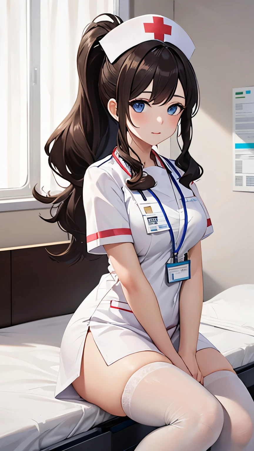 (masterpiece, best quality, detailed), 1girl, solo, looking at viewer, hilda pokemon, high ponytail, long hair, blue eyes, nurse, nurse uniform, white thighhighs, nurse cap, id card, white dress, indoors, nurse office, hospital infirmary, hospital bed, beautiful detailed eyes