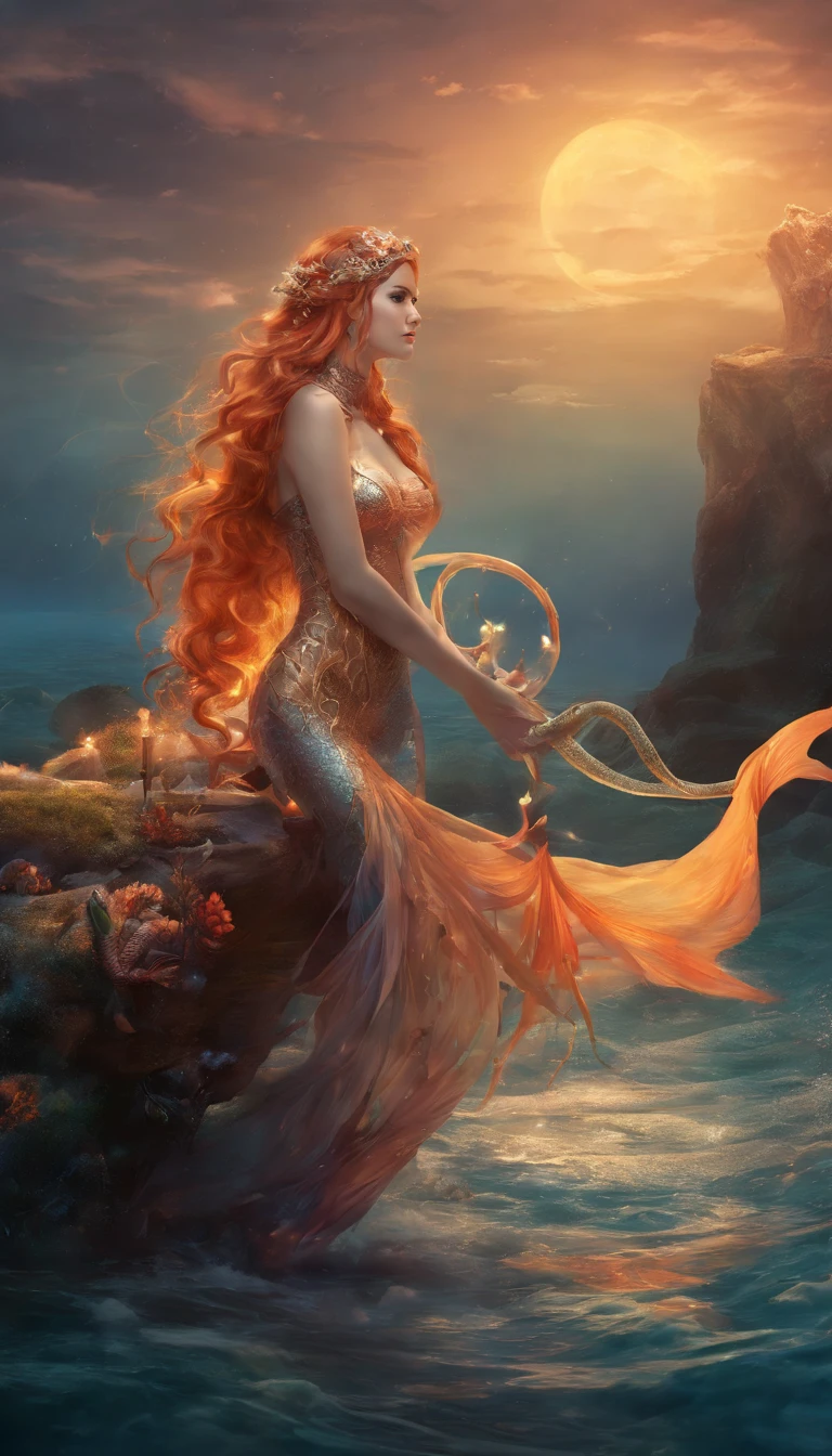 a realistic photography of an evil mermaid princess with a full body shot, diabolique look, fangs, long fish tail, 4k, ultra detailed, film grain, shallow depth of field, deep dark oceanbackground, underwater landscape
