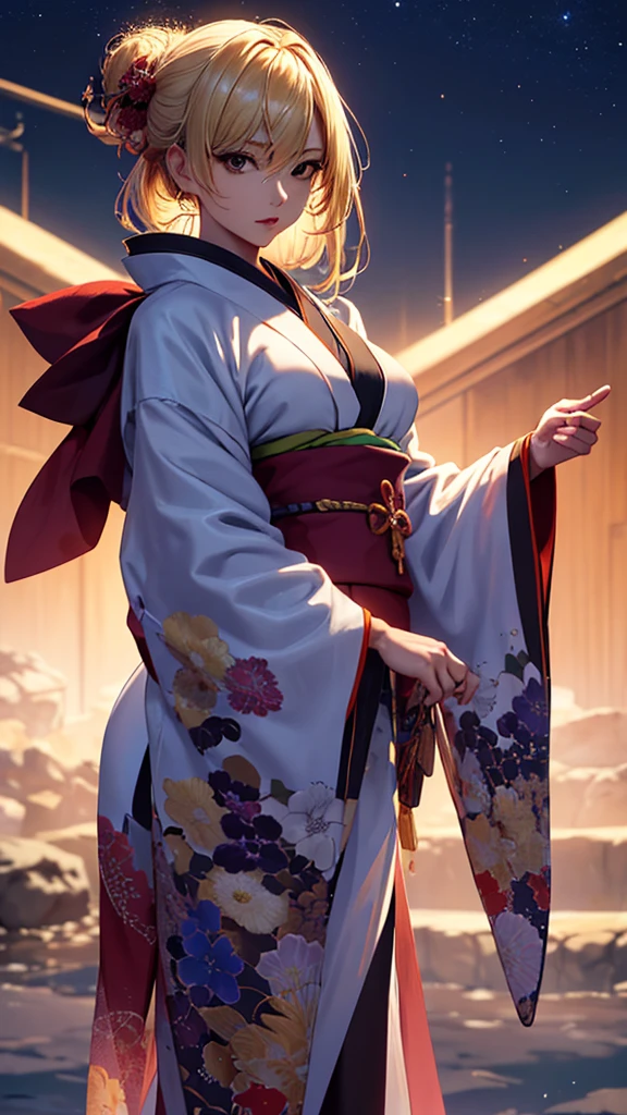 masterpiece, high quality, 4K, Beautiful design, silhouette，blonde， 非常に詳細な夜のStarry Sky,Sandy Beach， wonderful, Finer details,  Very knowledgeable woman, Highly detailed solo, 1 female,Big Breasts，Red colored kimono，Night view，Starry Sky，full moon，