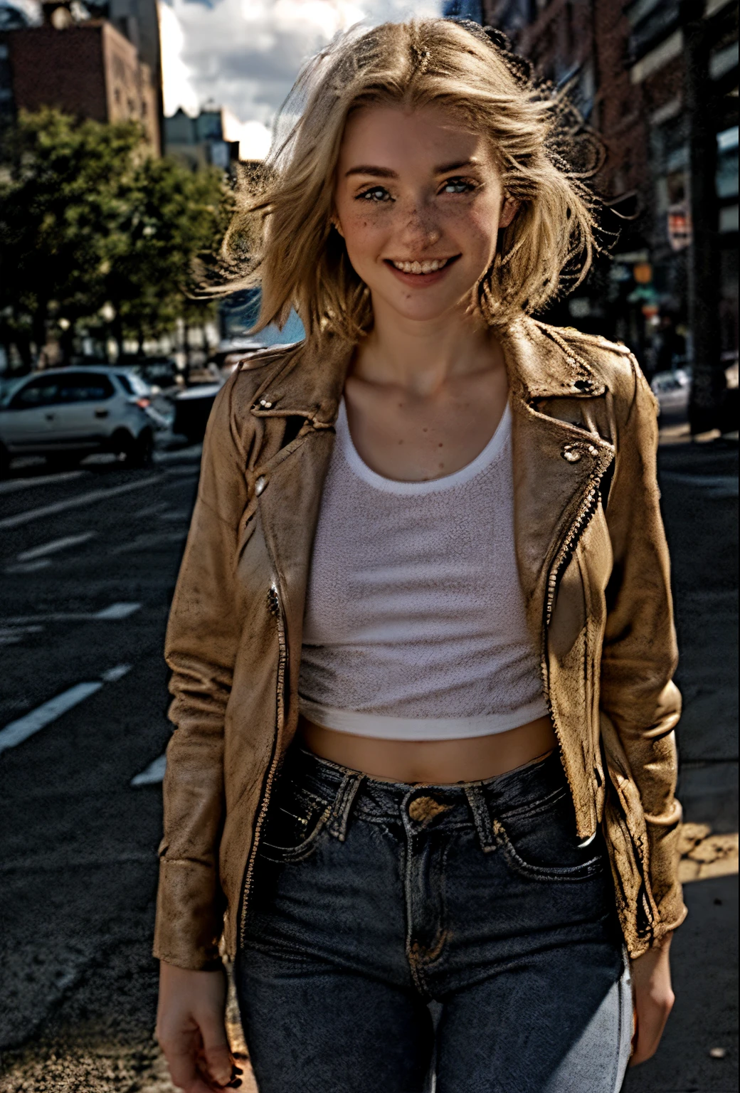 A 21-year-old girl named Kate with short blonde hair, very nice medium breasts, her height is 1.60, white British style, Kate is beautiful, angelic face, has light freckles in the nose area, Kate is wearing a beige leather women's jacket with a white shirt, kate wears a very light pair of jeans with white sneakers, Kate is on the streets of New York at dusk, Kate is very happy because she loves New York