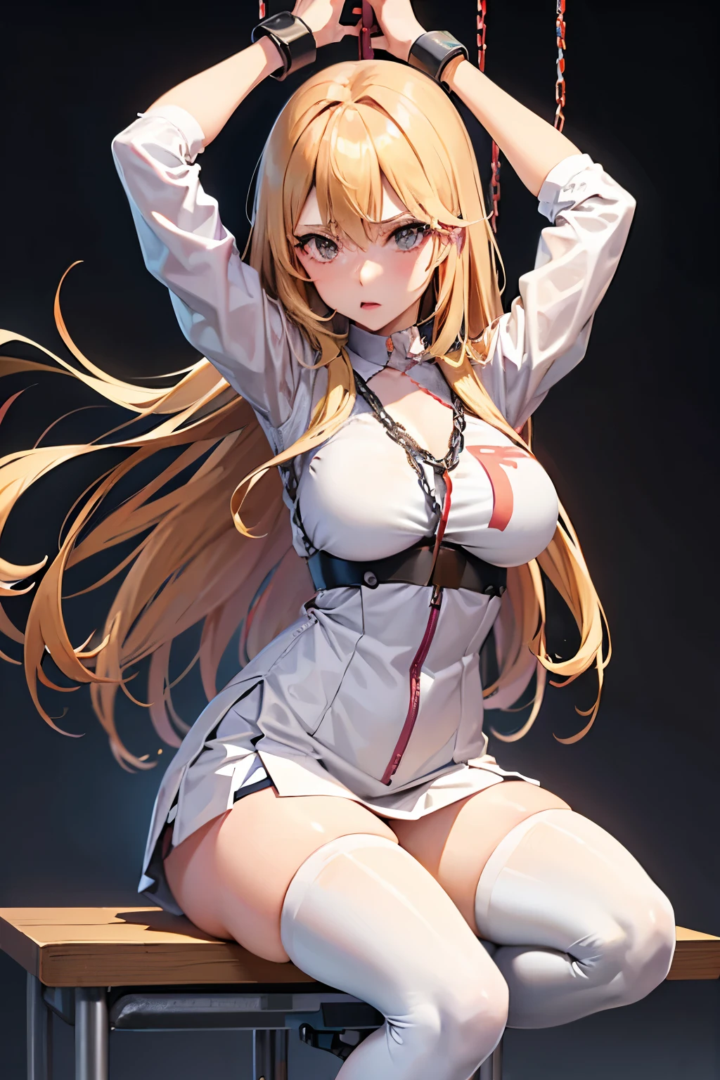 Shokuhou Misaki、A Certain Scientific Railgun、Blonde、Long Hair、Large Breasts、Jail、One girl、((White thigh-high socks))、(Long gloves)、(first round)、(Chained)、((Crucified on the examination table))、(Being restrained)、Leg spread、(Jesse)、(Musashi)、(Pokémon)