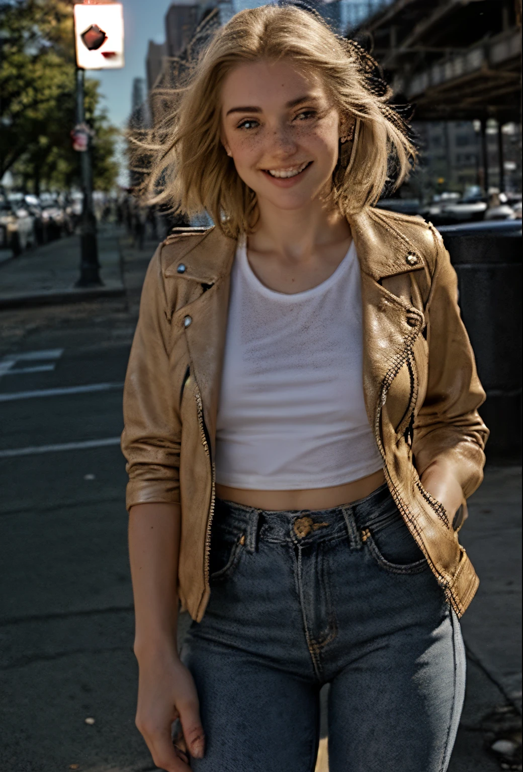 A 21-year-old girl named Kate with short blonde hair, very nice medium breasts, her height is 1.60, white British style, Kate is beautiful, angelic face, has light freckles in the nose area, Kate is wearing a beige leather women's jacket with a white shirt, kate wears a very light pair of jeans with white sneakers, Kate is on the streets of New York at dusk, Kate is very happy because she loves New York