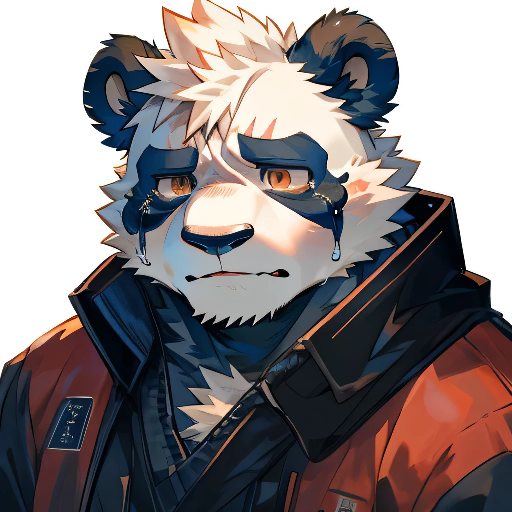 masterpiece，high quality，perfect anatomy，furry，anthro panda，male， niji5，brown pupils，bright eyes，exhausted，scar on the face，crying，detailed face，on a white background，There is garbage around，by kiyosan，close up face