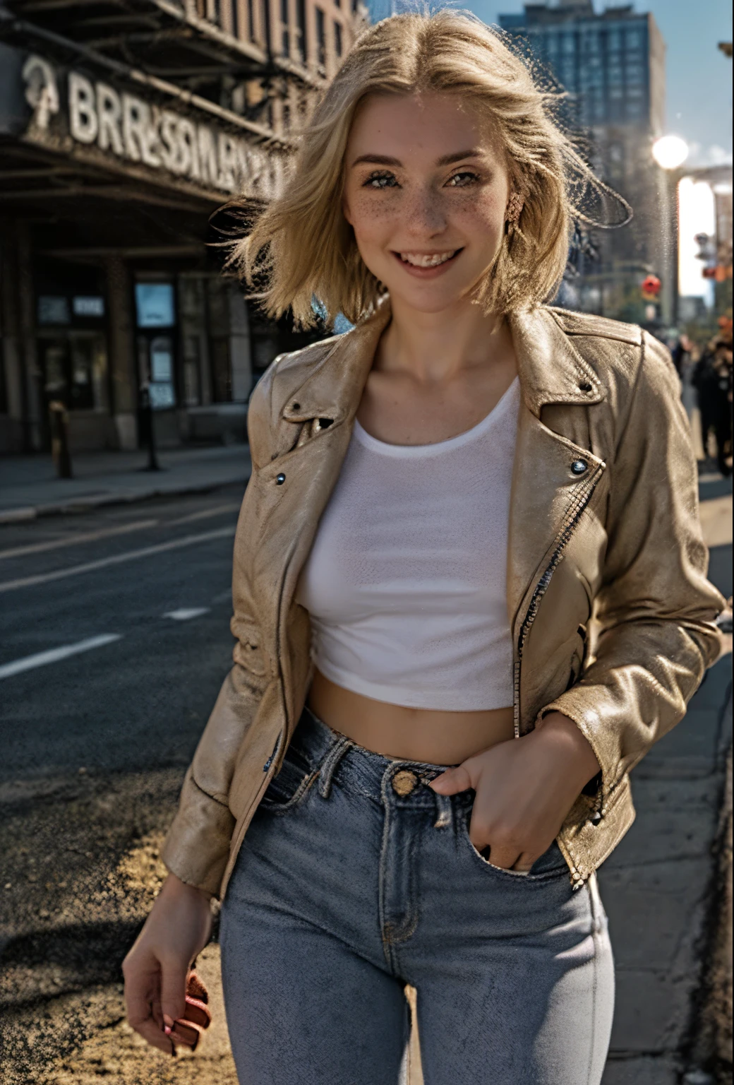 A 21-year-old girl named Kate with short blonde hair, very nice medium breasts, her height is 1.60, white British style, Kate is beautiful, angelic face, has light freckles in the nose area, Kate is wearing a beige leather women's jacket with a white shirt, kate wears a very light pair of jeans with white sneakers, Kate is on the streets of New York at dusk, Kate is very happy because she loves New York