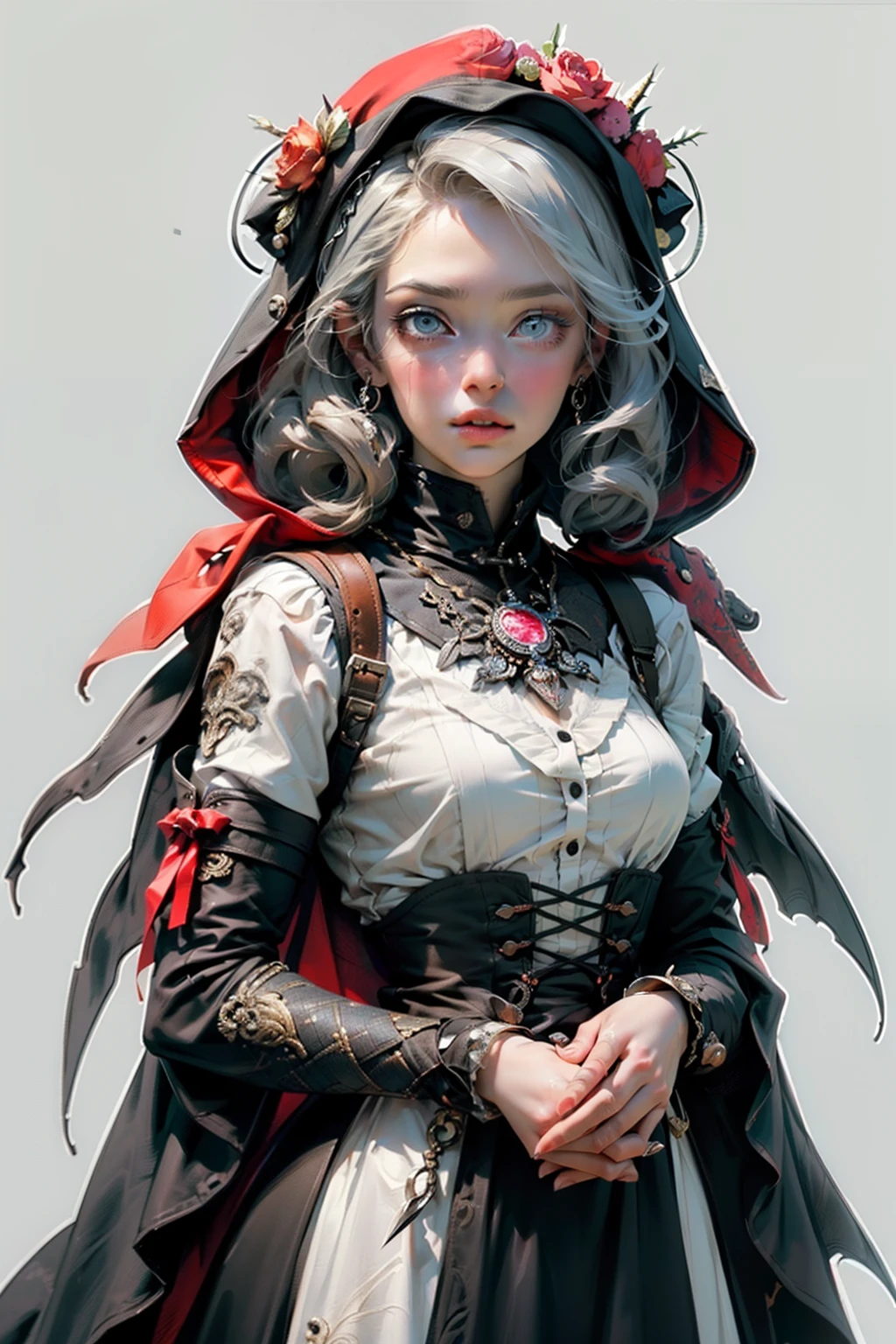 ((best quality)), ((masterpiece)), (detailed), perfect face (((masutepiece, of the highest quality, super detailed))), hand drawn style, hand painted style, watercolour, sketch, a knight, white background, plain background, borne inspired, tatty Blood attire, occult aesthetic, occult, tatty red and white clothing detailed and intricate steampunk and detailed gothic lolita (wi hood), long coat, Complex laced boots, Fluttering lace flared long knee length dress with frilly petticoats, long dress, knee length dress, pleated petticoats, lolita dress, icoats gothic lolita, beautiful l breasts, (((( Highly detailed face))), small thin nose, Small thin lips mouth, (((Very sharp focused eyes))), Very large slit precision pale grey eyes that shine like jewels. very long eyelashes, Silver hair swaying in the wind, Emitting a dazzling light in a mandala pattern, white background, Very dramatic and cinematic lighting, tatty damaged old red and white clothing, full body, whole body, body, cosmic horror, grim dark