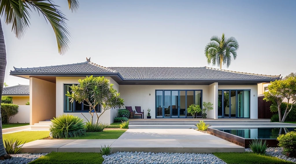 1 indochina style house ,beautyful light, beautyfulday, sunny, many lovely flowering plants, lovely youthful feeling :1.2, sunlight at 12 noon, Very beautiful shadows, a feeling of peace:1.3
