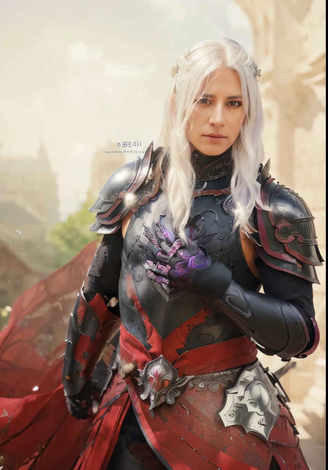 A beautiful man with silver hair and striking purple eyes, Serene face, intricate black armor, (best quality,4k,8k,highres,masterpiece:1.2),ultra-detailed,(realistic,photorealistic,photo-realistic:1.37),detailed armor, intricate patterns, clean lighting, dramatic shadows, cinematic composition,digital art,fantasy,highly detailed, beard