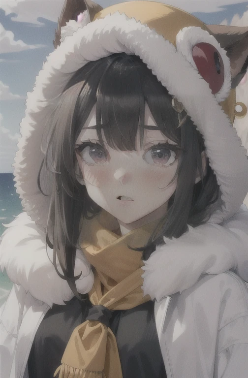 maionese shigure, 1 garota, seios, olhando para o espectador, corar, sorriso, cabelo curto, boca aberta, franja, hair ornament, Orelhas de animais, cabelo entre os olhos, medium seios, olhos roxos, presilha de cabelo, Olhos rosa, crossed franja, cabelo verde claro, orelhas de doninha, luvas, fur trim, jaqueta cinza, Grey hat, cauda de animal