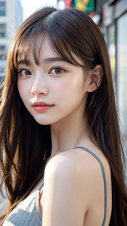 Los Angeles alleyway in the background、18-year-old girl、independent、look forward to、Light eye makeup、Brown Hair Color、flat 、Hair blowing in the wind、Quality of actress、Shiny, Ultra-realistic face、smileの表情、Watery eye、look up、Pleasant lighting effects、 Ultra-Realistic Capture、Very detailed、High resolution 16K human skin closeup。Skin texture must be natural、Must be so detailed that pores are visible、skin is healthy、There must be a unified tone、Use natural light and color、High quality photos taken by modeling agencies'Exclusive photographer、smile