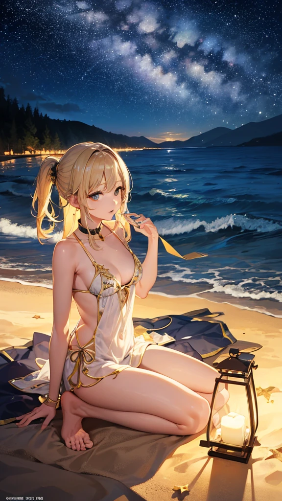 masterpiece, high quality, 4K, Beautiful design, silhouette，blonde， 非常に詳細な夜のStarry Sky,Sandy Beach，Water&#39;s Edge， wonderful, Finer details,  Very knowledgeable woman, Highly detailed solo, 1 female,Big Breasts，Red colored kimono，Night view，Starry Sky，full moon，