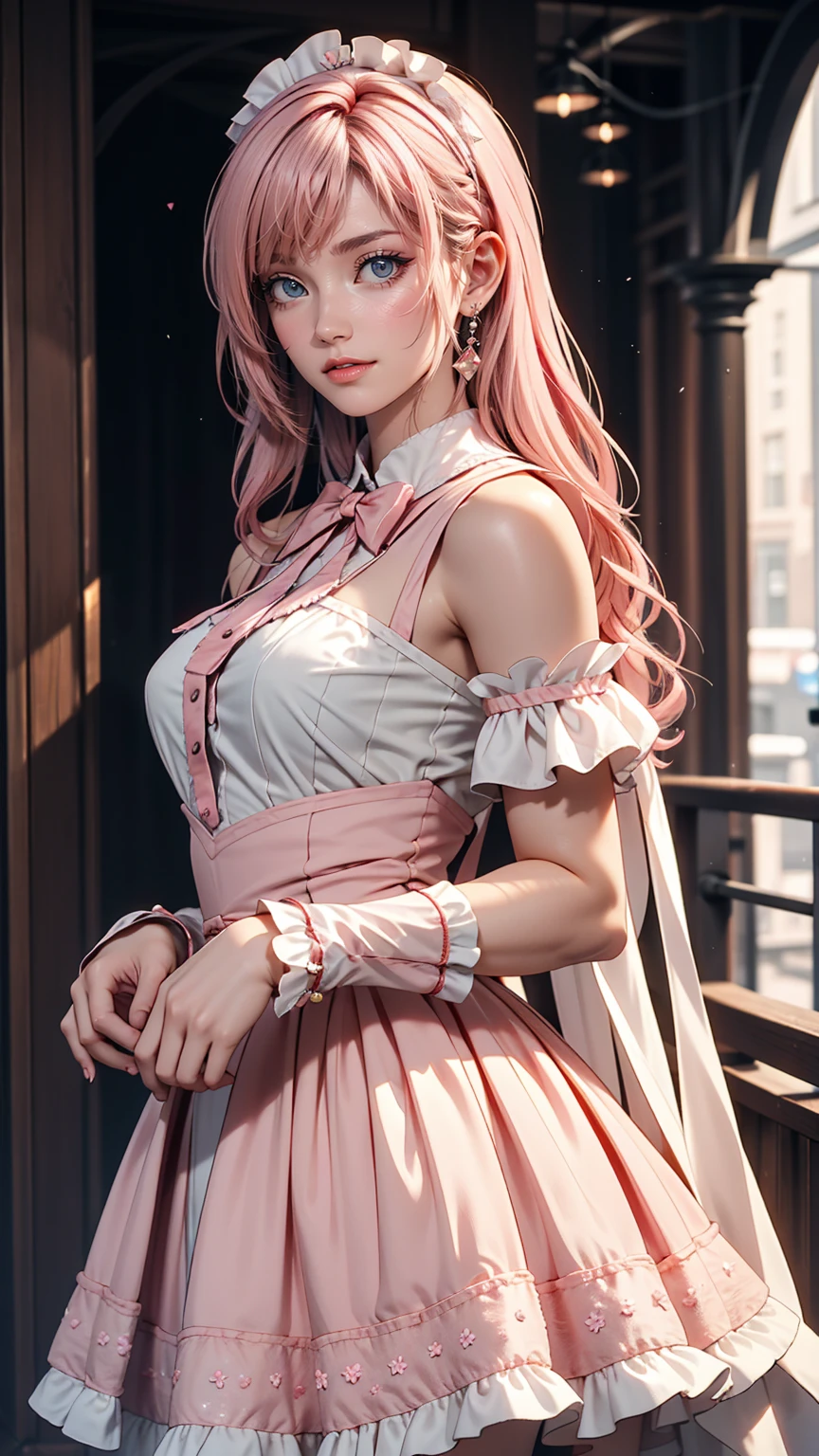 A very delicate and cute woman with pink hair and a lolita dress. 8K Ultra HD, Delicate texture