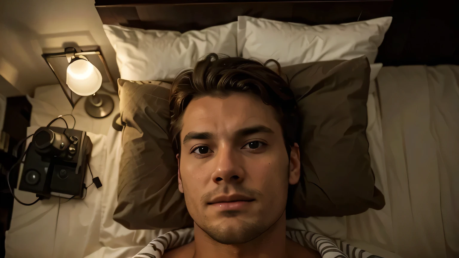 A man with an adult beard is lying in bed, seen from above focusing more on the expressions on his face. It's night and he hasn't slept yet, he looks worried and insomniac and the man's eyes are awake and desperate. the photo is focused on the man's face and it really is night. the man's room is dark. there are no lamps, the man is wearing a shirt. it's night in the man's room. the man is visibly tired. the man is desperate. the man's eyes are very sleepy. the man hasn't slept at night because he's worried