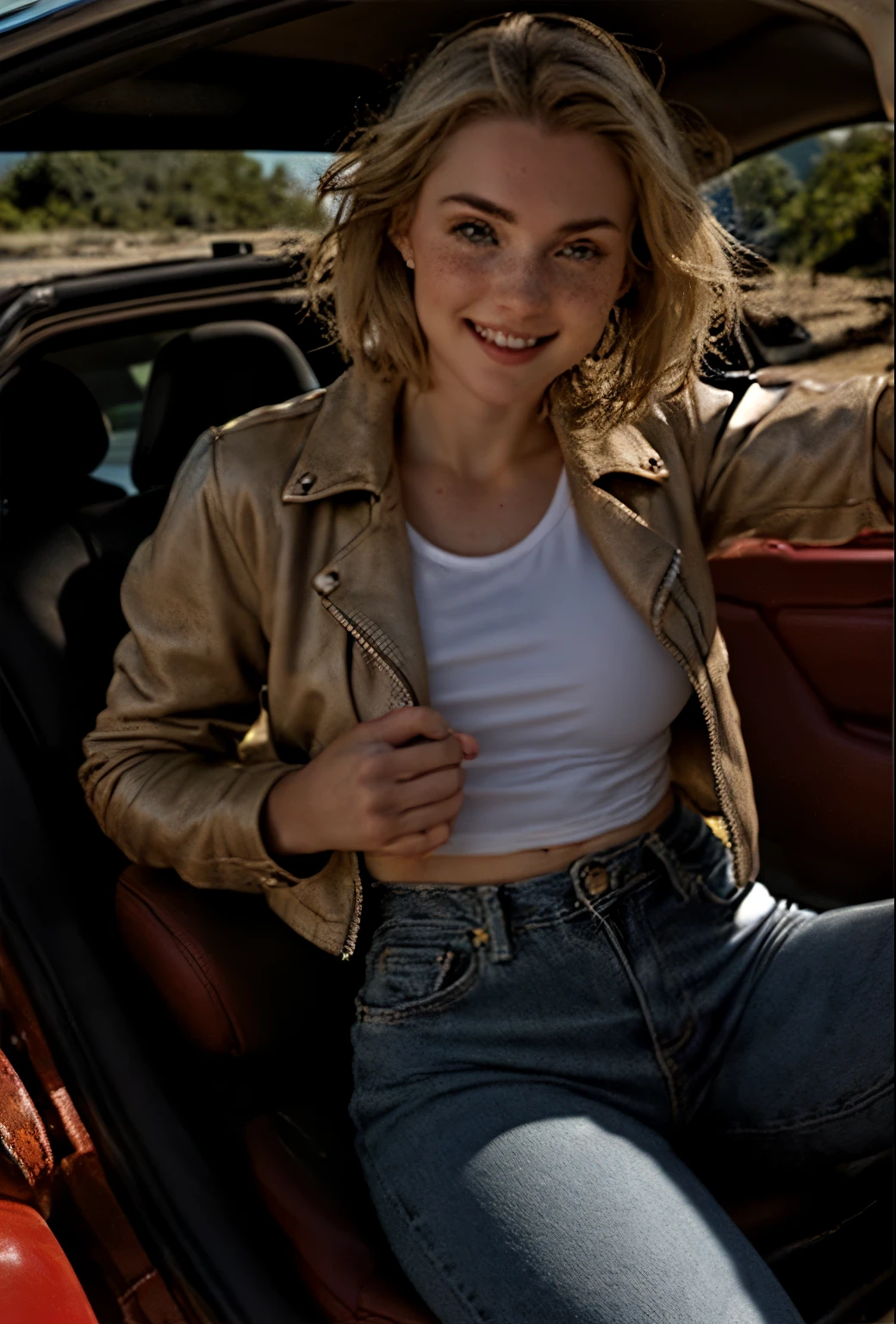 A 21-year-old girl named Kate with short blonde hair, very nice medium breasts, her height is 1.60, white British style, Kate is beautiful, angelic face, has light freckles in the nose area, Kate is wearing a beige leather women's jacket with a white shirt, kate wears a very light pair of jeans with white sneakers, Kate is posing inside a red convertible sports car, Kate has her hand on the steering wheel looking at the camera, Kate is very happy with her car