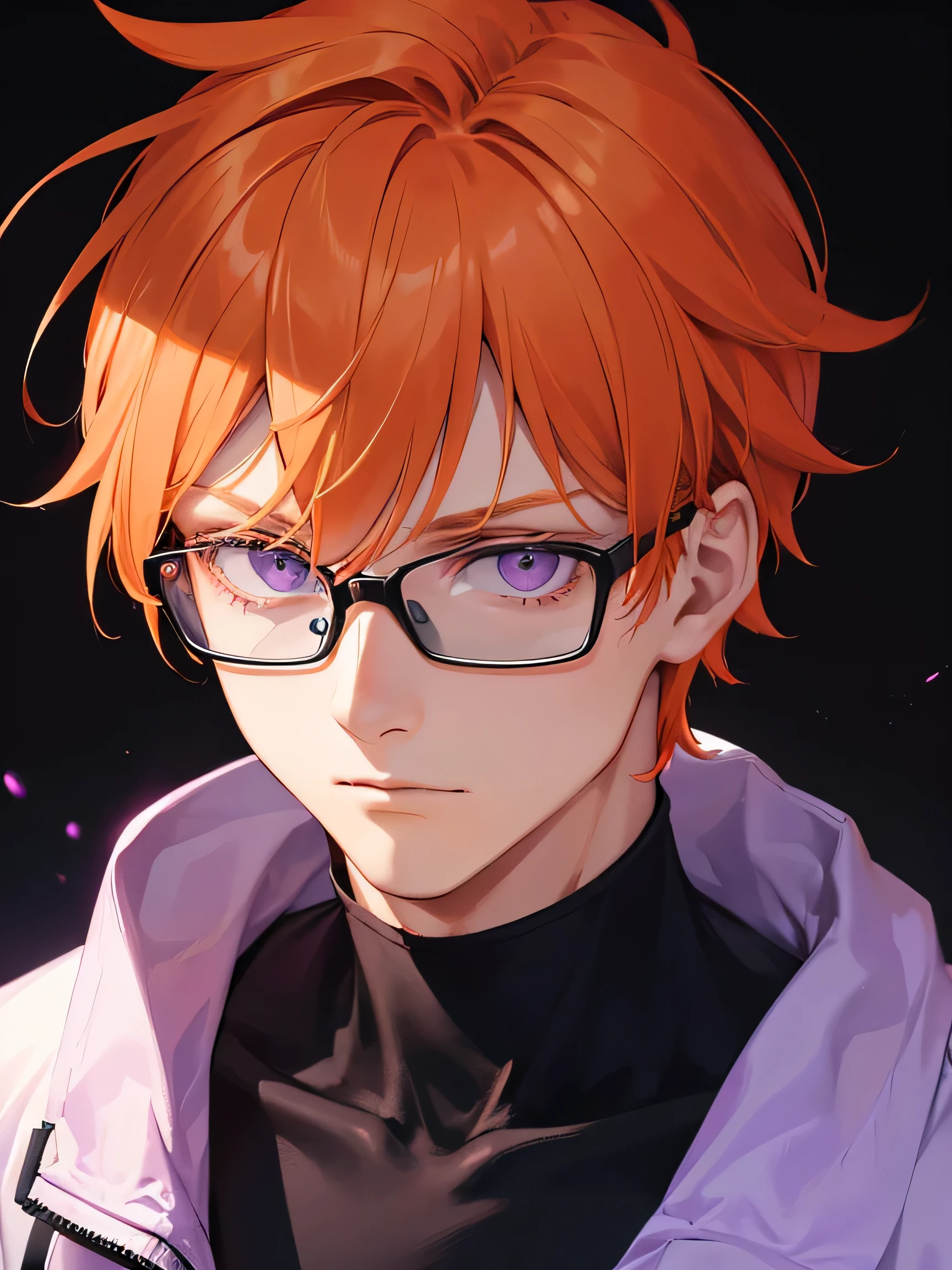 a close up person in jacket, An orange-haired, purple-eyed male character wearing tech-savvy glasses with a convincing expression on a black background under the glare of light, turns his head straight
