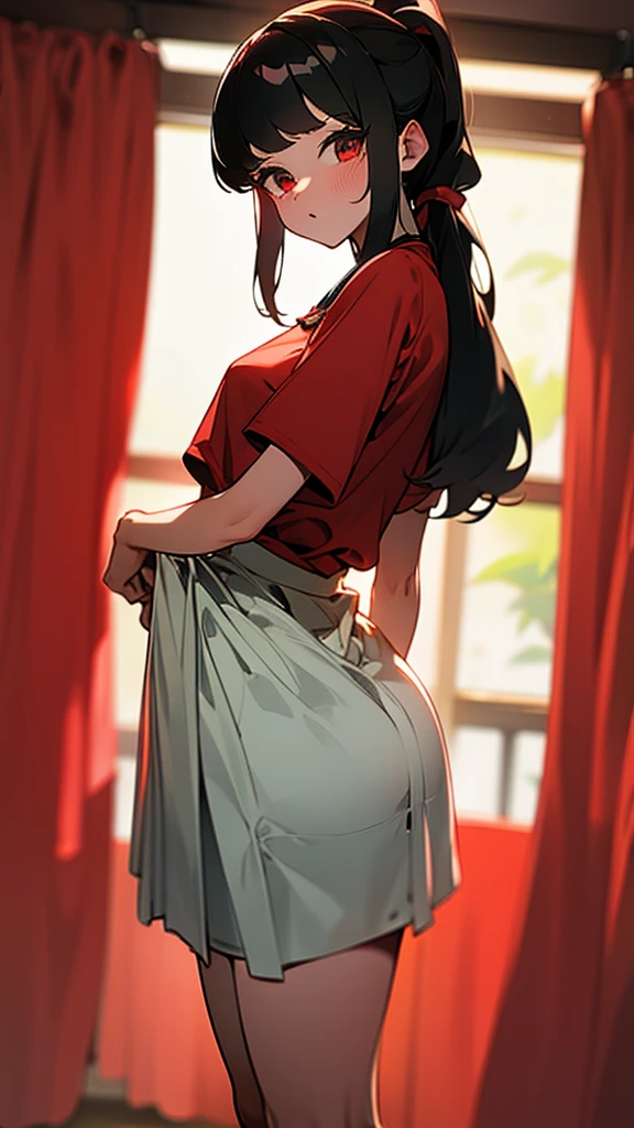 adulto, Cabello ????? ondulado, mirada penetrante con ojos profundos de color rojo, estatura promedio, Silky hair with a ponytail hairstyle collected with a red bow with two white lines, tiene pechos medianos, primer plano, session, standing in the middle of his room [[[Risa malvada]]] , Sonrojada, muslos grandes, falda corta, blusa corta de tirantes blanca, elfa, showing her ass to the camera, lifting her skirt so that her panties can be seen, skirt rising,falda corta, mini falda 