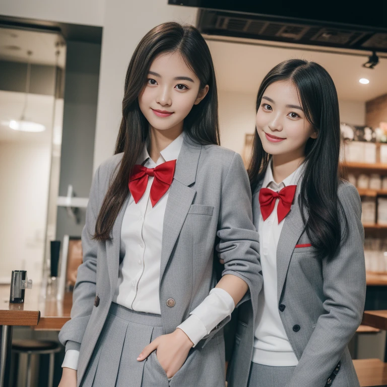((highest quality, 8k, masterpiece: 1.3)), beautiful, In addition, melon face, Friendly and cute, Cute smile, Pure Desire, Slender body, (whole body), (Tilt your head), ((looking at the camera)), White Dress, Medium black silky straight hair, Long, flowing shoulders, Big, round, black eyes, Clear, big eyes, Moist red lips, Cafe shop background, ((whole body撮影)),  (Grey blazer, bow, socks, High School Uniform: 1.2)