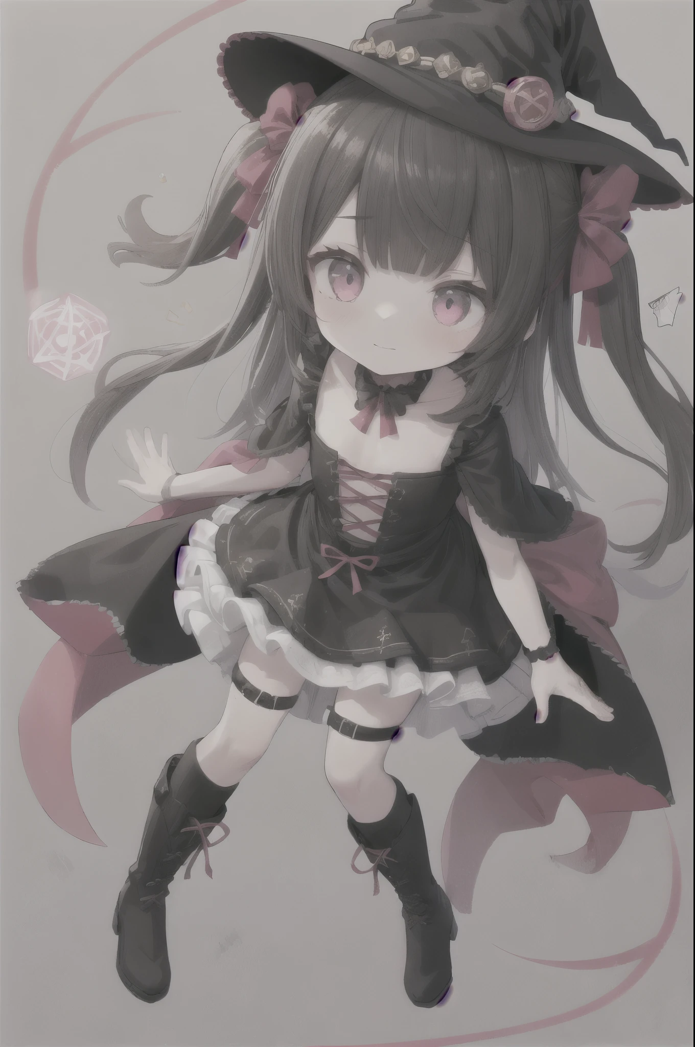 1girl, solo, stand up, Grimoire, aura outline, pink longhair, two side up, witch hat, witch dress, frilled skirt, petticoat, flat chest, thigh high, witch boots, soft smile, vivid, from above:0.8, forbidden sanctuary, magical circle, magical effects, glowing ethereal materials
