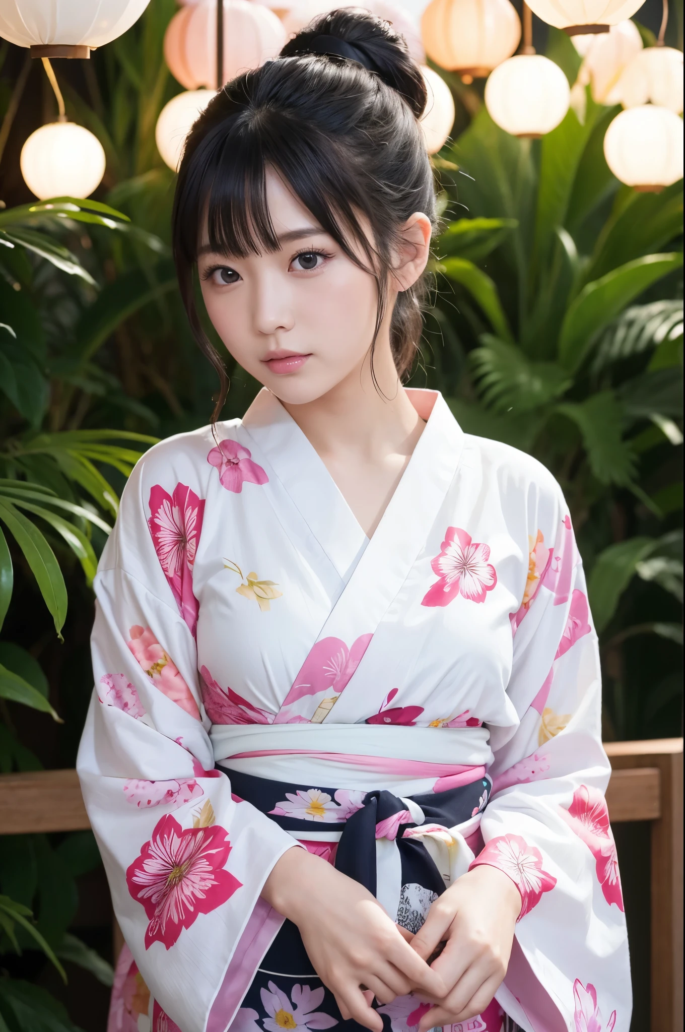 ((Best image quality))、 ((High resolution))、Beautiful Japanese woman、Black hair tied in a ponytail、Pink Lips、Wide Eyes、Clear skin。Summer yukata、Wearing a floral yukata on a white background、背景は超High resolutionの花火大会の夜空。He has a small fan in his hand。