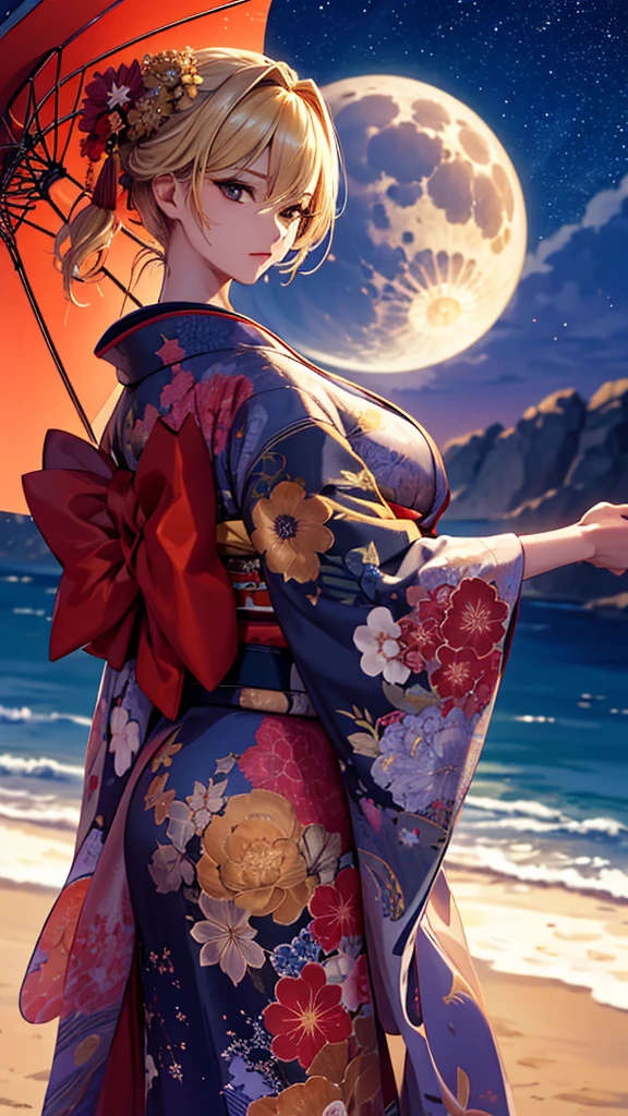 masterpiece, high quality, 4K, Beautiful design, silhouette,blonde, 非常に詳細な夜のStarry Sky,Sandy Beach, wonderful, Finer details, Very knowledgeable woman, Highly detailed solo, 1 female,Big Breasts,Red colored kimono,Night view,Starry Sky,full moon,