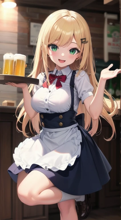 ((masterpiece, best quality, absurdres, highres, ultra detailed, high resolution, very fine 8KCG wallpapers)), 1 girl, solo, long hair, blonde hair, green eyes, swept bangs, hair ornament, smile, :D, large breasts, half apron, hairpin, white shirt, green skirt, brown shoes, beer hall waitress, beer hall, nice hands, perfect hands,