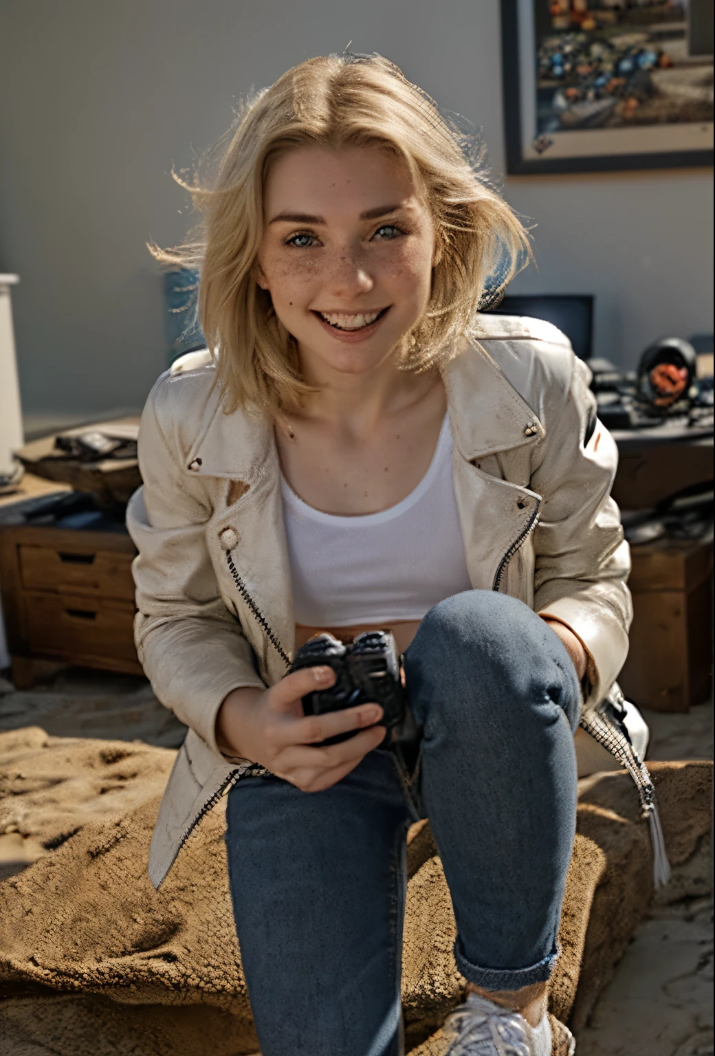 A 21-year-old girl named Kate with short blonde hair, very nice medium breasts, her height is 1.60, white British style, Kate is beautiful, angelic face, has light freckles in the nose area, Kate is wearing a beige leather women's jacket with a white shirt, kate wears a very light pair of jeans with white sneakers,   Kate is in her room playing video games, Kate celebrates every victory by playing video games, Kate loves video games, Kate is very happy