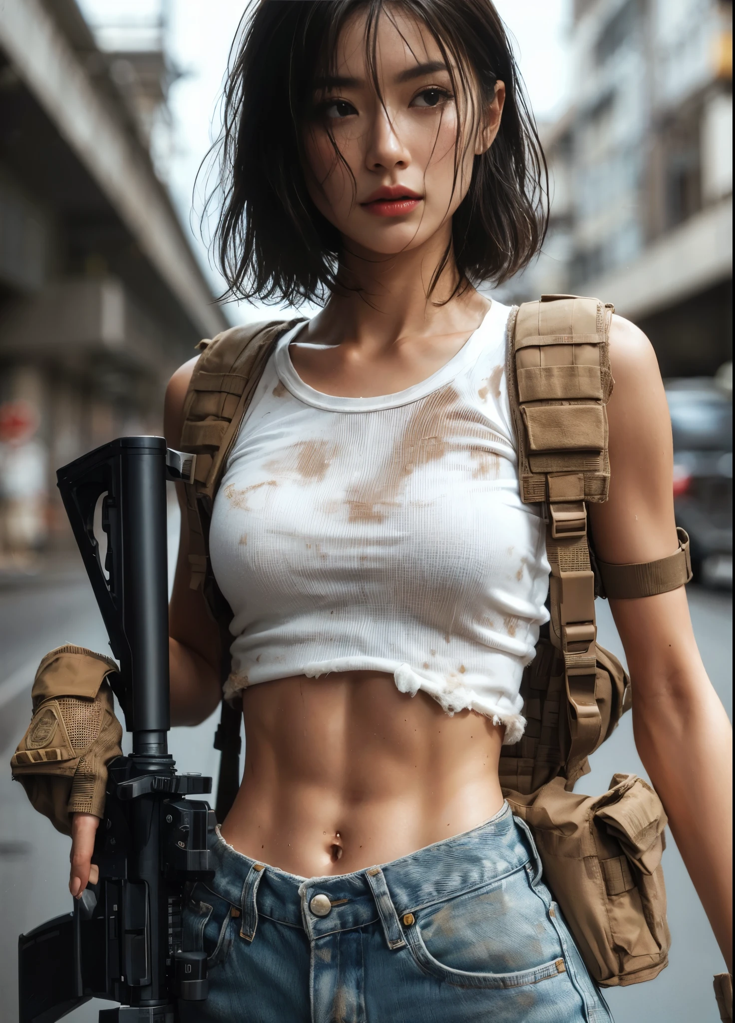 (best quality,8k,realistic photo,realistic skin texture,American female,beautiful Japanese woman,resides in America,wearing dirty white T-shirt and jeans,suspicious, bulletproof vest,rifle,short hair,urban warfare,caught in an incident,starts counterattack,dirty,motion-filled action pose,dramatic and bold composition,half-body,muscular,Zoom out)